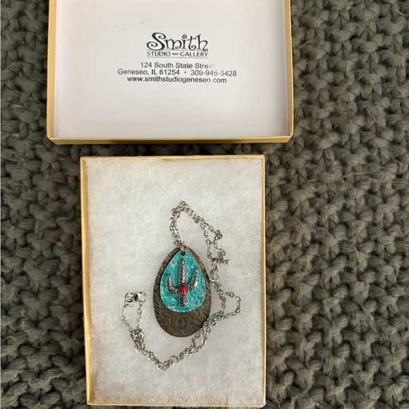 Jewelry - Handcrafted Cactus Pendant Necklace Turquoise Patina & Red Stone